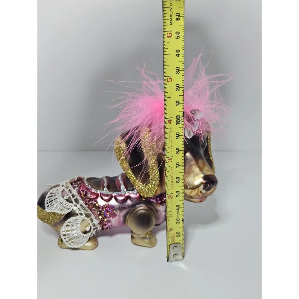 Glitter Princess Dachshund Dog Glass Ornament Pink Tutu Faux Feather Tiara 5
